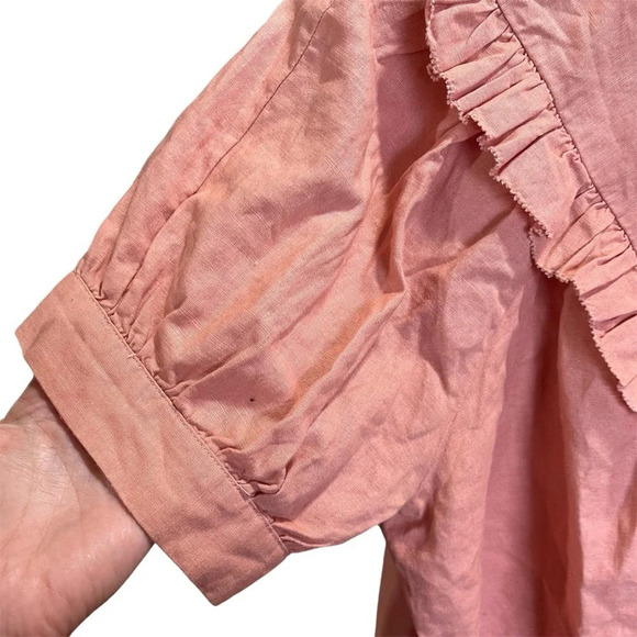 DOWNEAST ~ Peach Peasant Top with Ruffle Details and Puff Sleeves Linen Blend - Picture 2 of 9